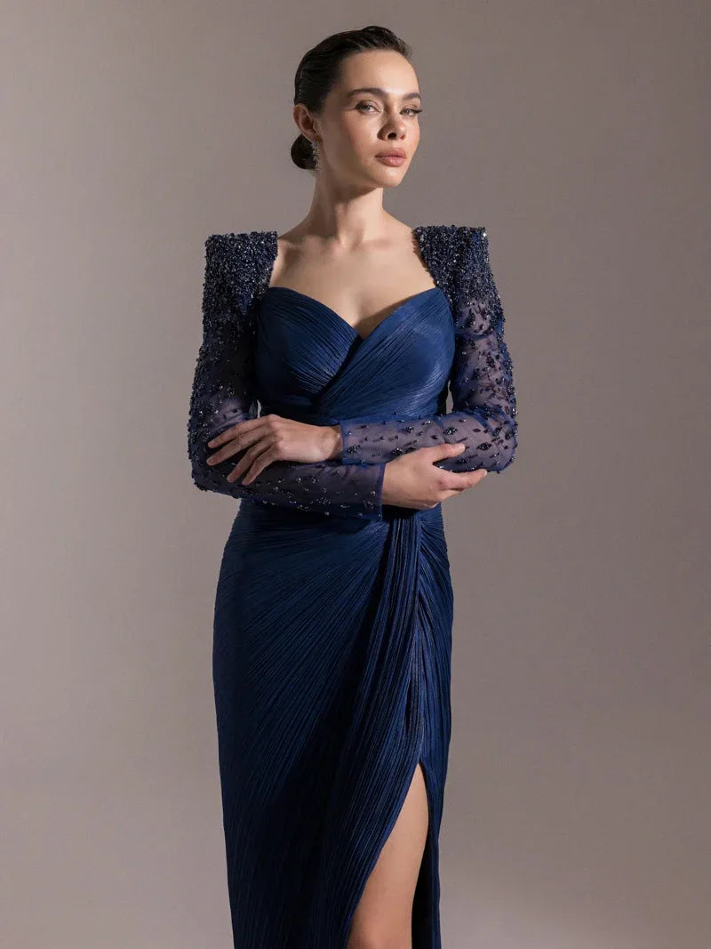 25075-Omuzları İşlemeli Piliseli Abiye Elbise - Kenzel