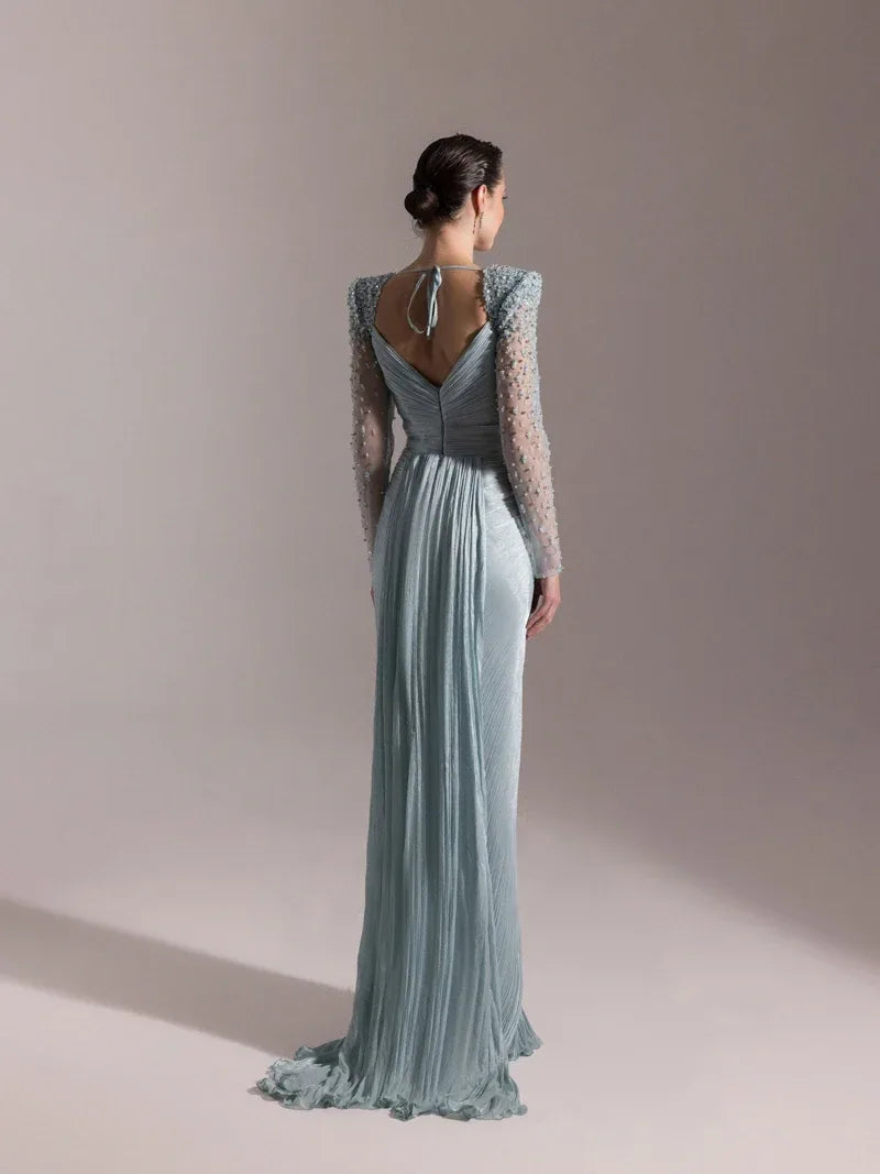 25075-Omuzları İşlemeli Piliseli Abiye Elbise - Kenzel