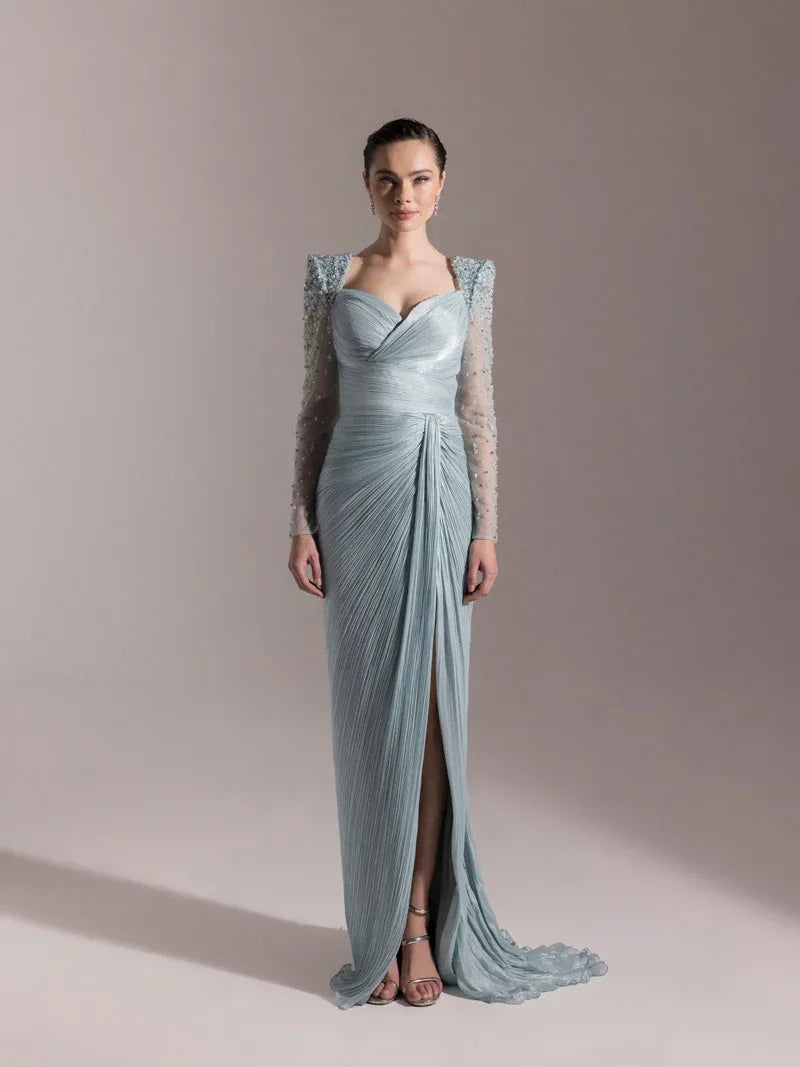 25075-Omuzları İşlemeli Piliseli Abiye Elbise - Kenzel