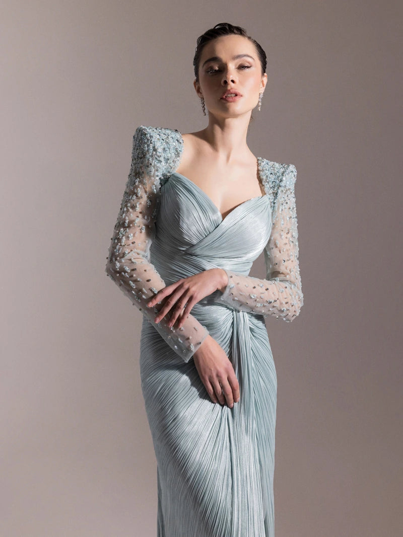 25075-Omuzları İşlemeli Piliseli Abiye Elbise