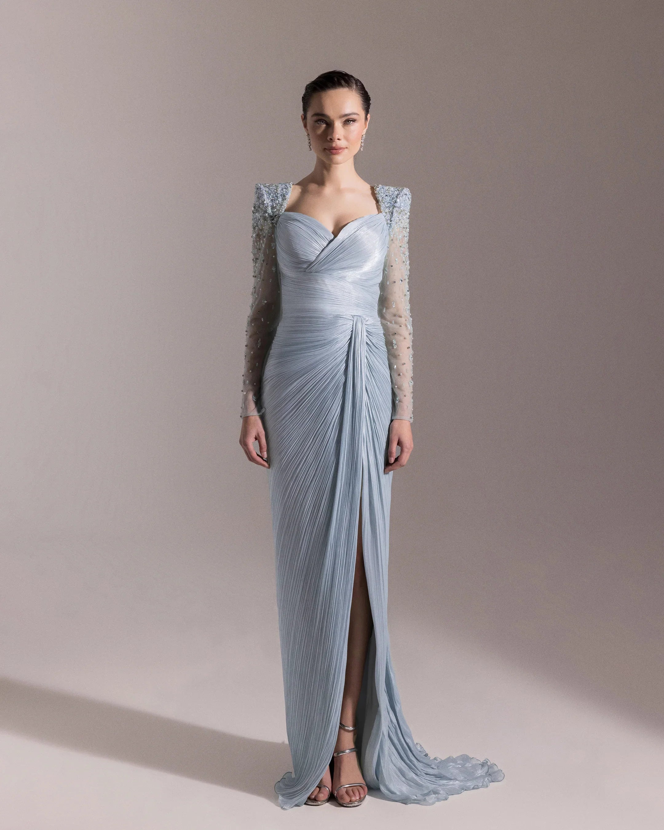 25075-Pleated Evening Dress with Embroidered Shoulders