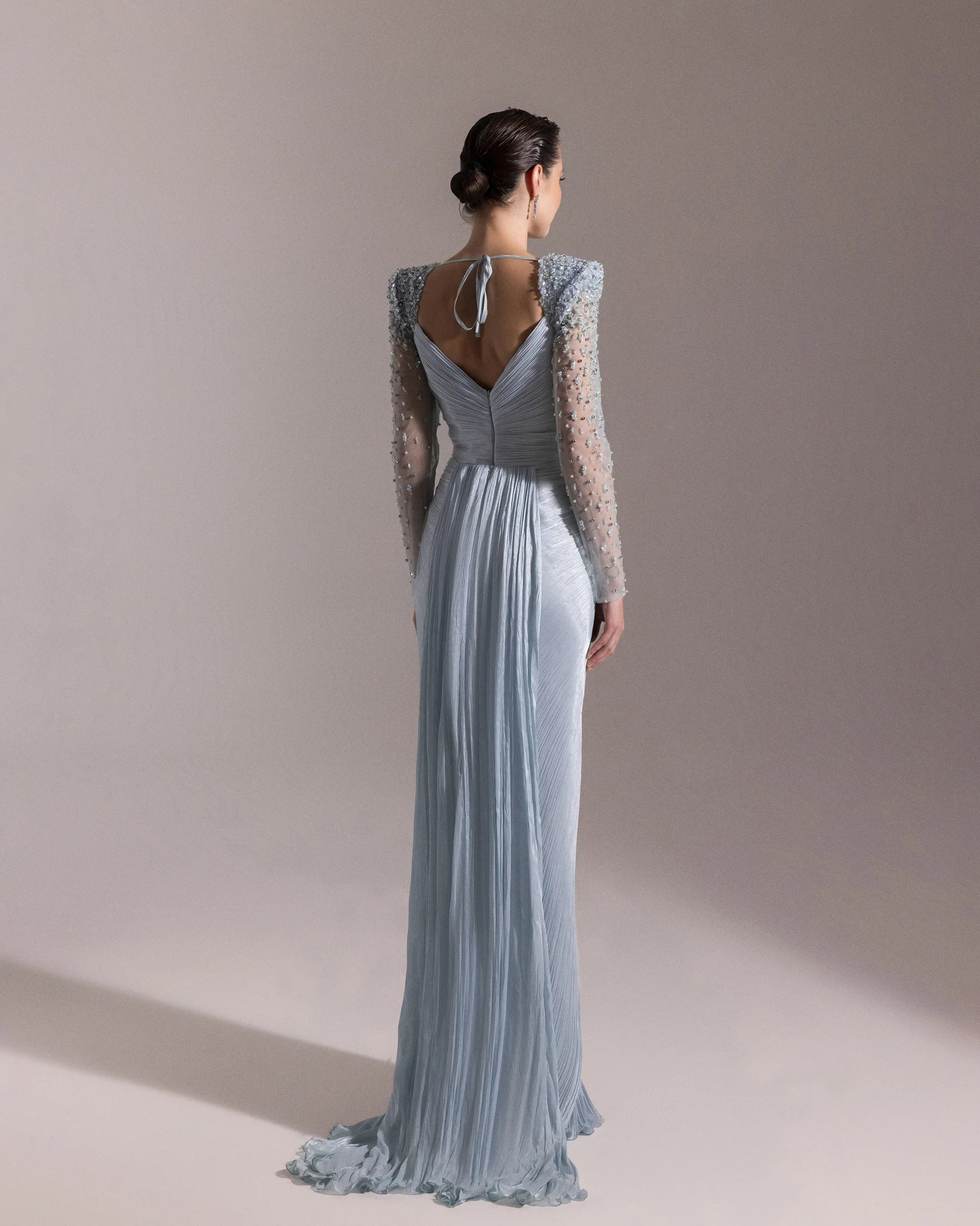 25075-Pleated Evening Dress with Embroidered Shoulders