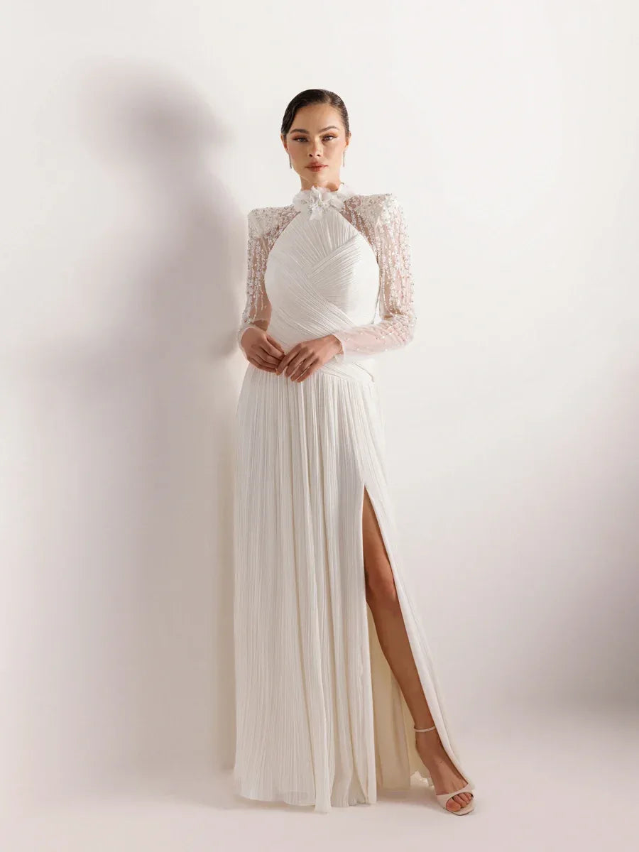 25076-Hakim Yaka İşleme ve Çiçek Detaylı Pliseli Abiye Elbise - Kenzel