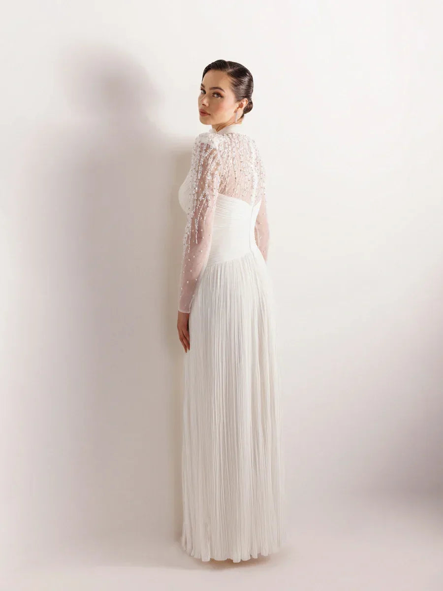 25076-Hakim Yaka İşleme ve Çiçek Detaylı Pliseli Abiye Elbise - Kenzel