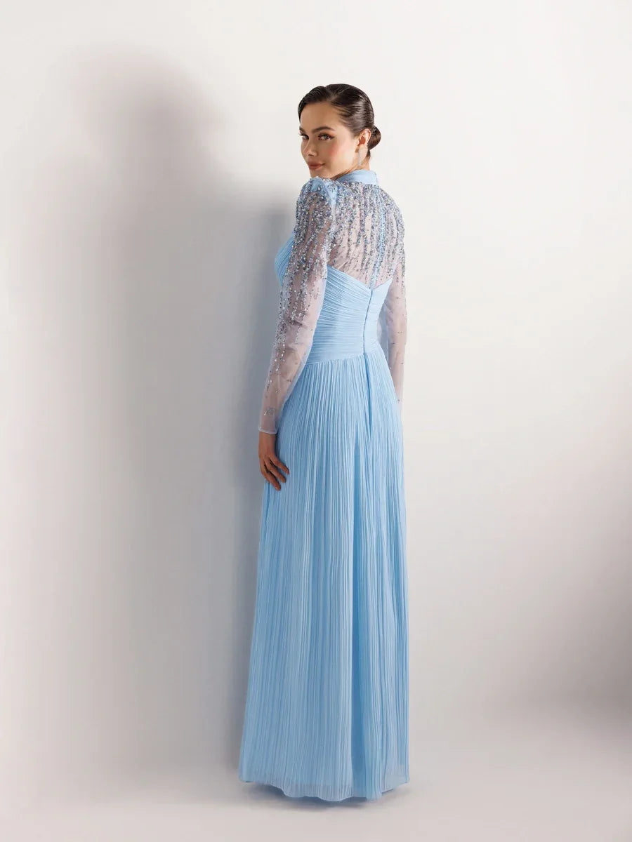 25076-Hakim Yaka İşleme ve Çiçek Detaylı Pliseli Abiye Elbise - Kenzel