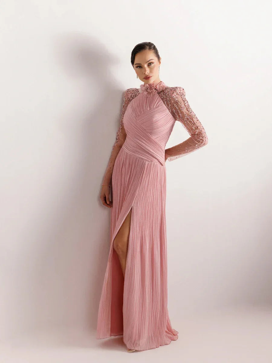 25076-Hakim Yaka İşleme ve Çiçek Detaylı Pliseli Abiye Elbise - Kenzel