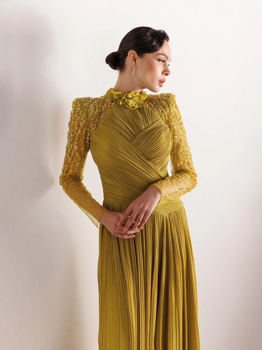 25076-Hakim Yaka İşleme ve Çiçek Detaylı Pliseli Abiye Elbise