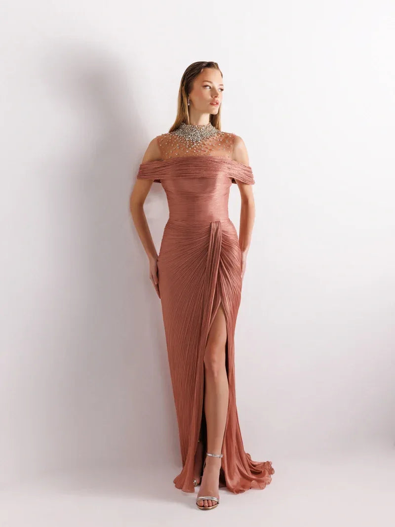 25077-İşlemeli Pliseli Kuyruklu Elbise - Kenzel