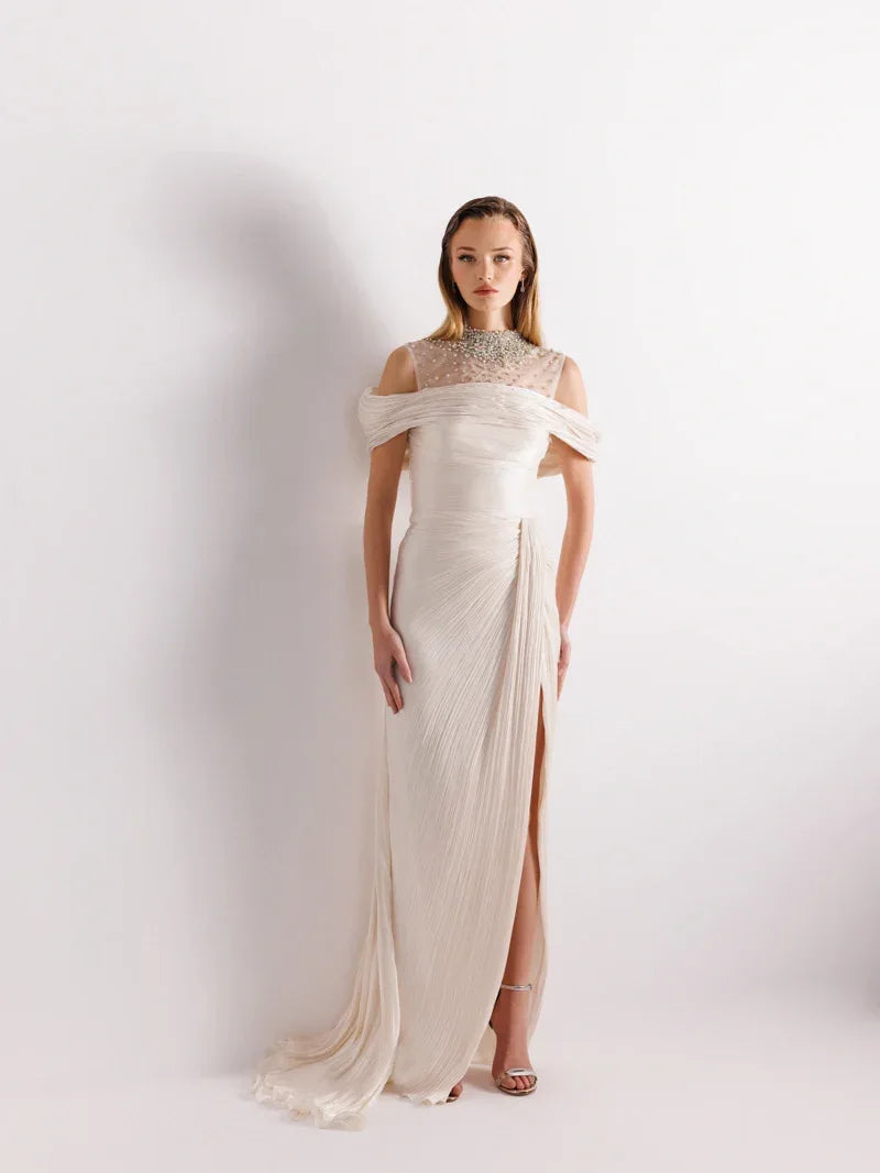 25077-İşlemeli Pliseli Kuyruklu Elbise - Kenzel