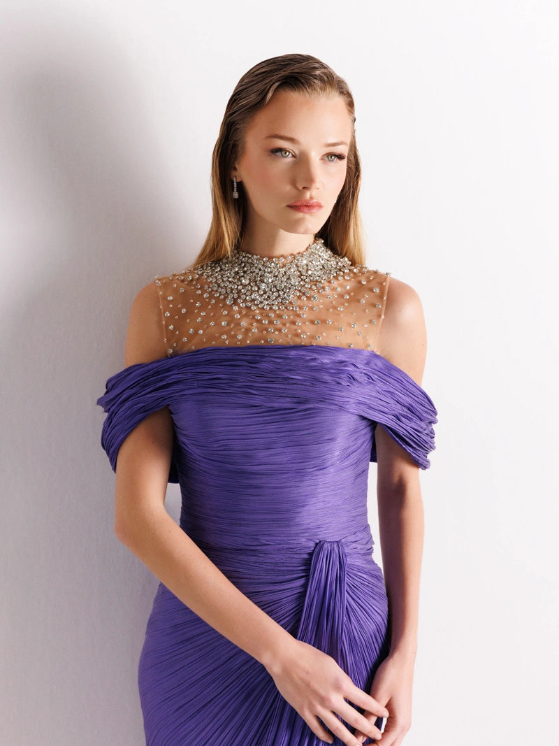 İşlemeli, Pliseli ve Kuyruklu Elbise Mor 2