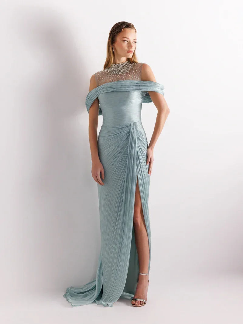 25077-İşlemeli Pliseli Kuyruklu Elbise - Kenzel