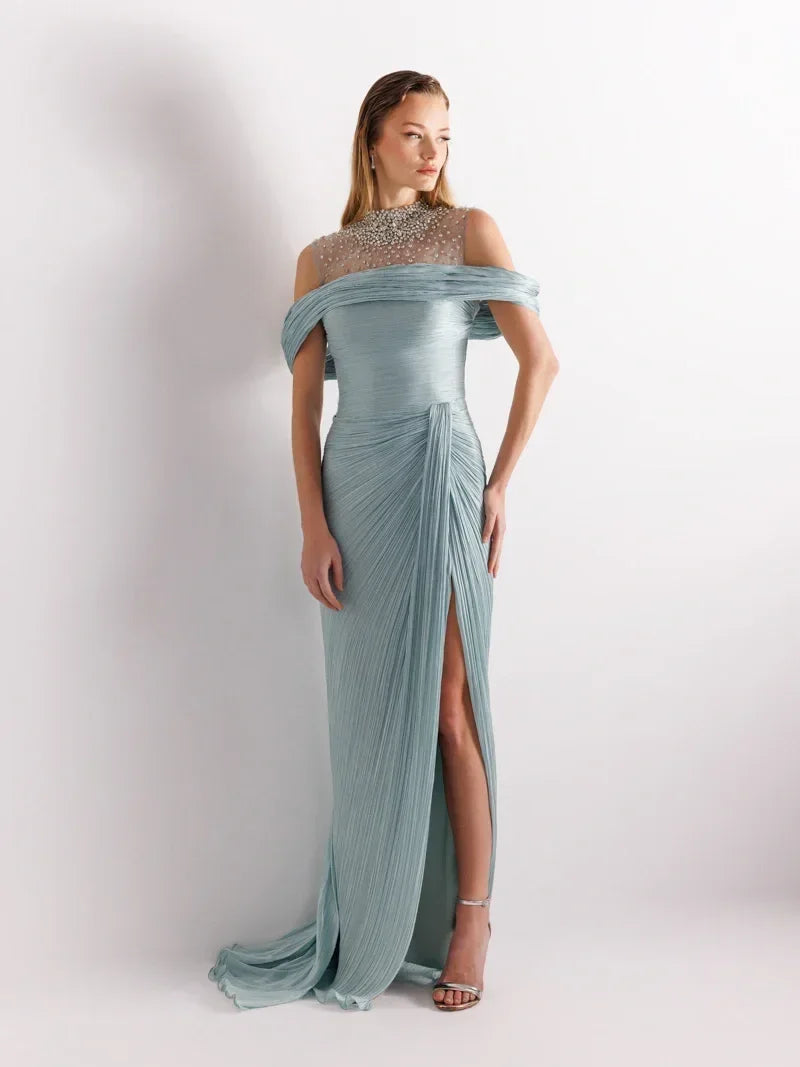 25077-İşlemeli Pliseli Kuyruklu Elbise - Kenzel