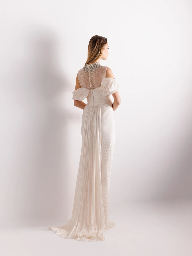 25077-İşlemeli Pliseli Kuyruklu Elbise