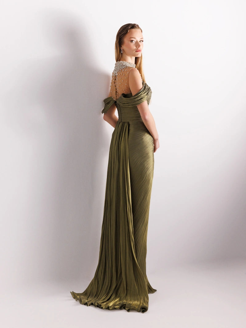 25077-İşlemeli Pliseli Kuyruklu Elbise