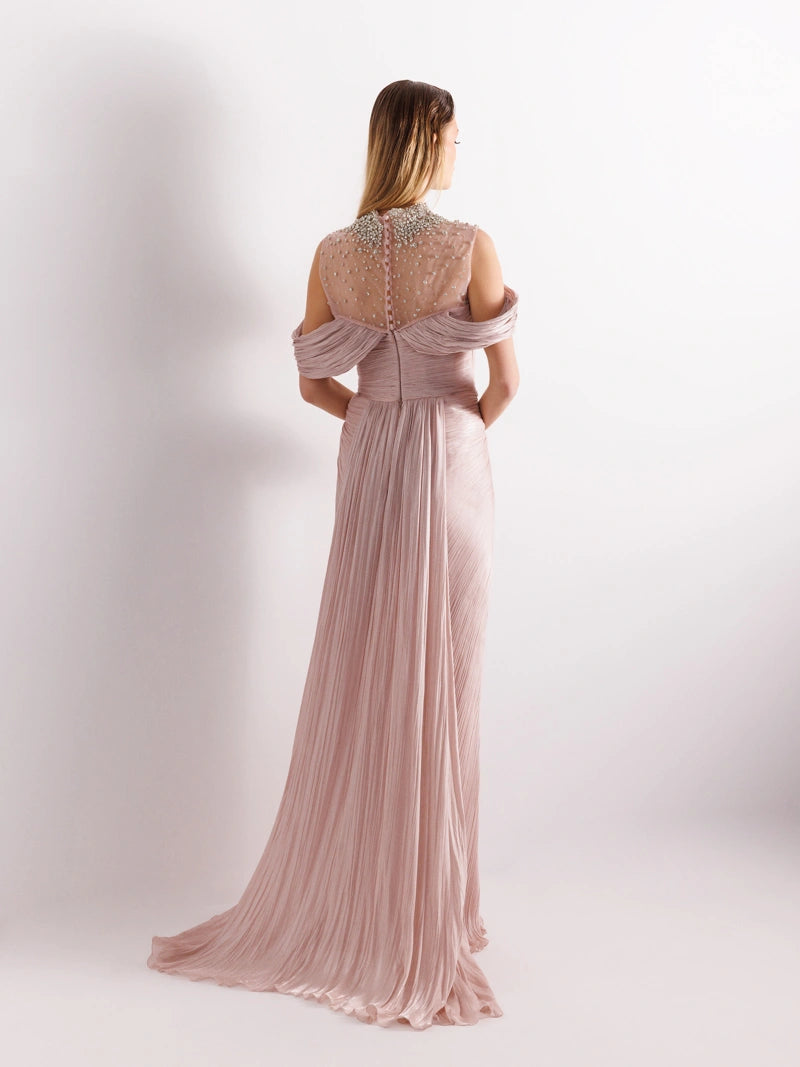 25077-İşlemeli Pliseli Kuyruklu Elbise