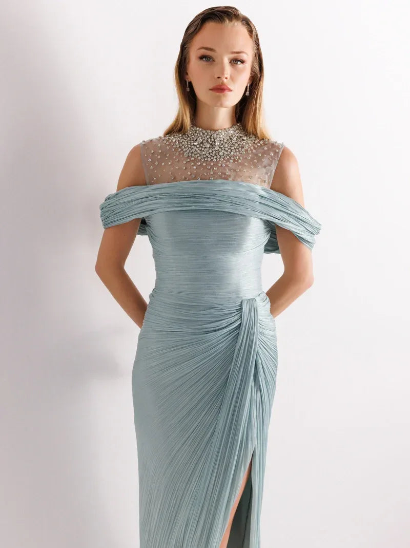 25077-İşlemeli Pliseli Kuyruklu Elbise - Kenzel