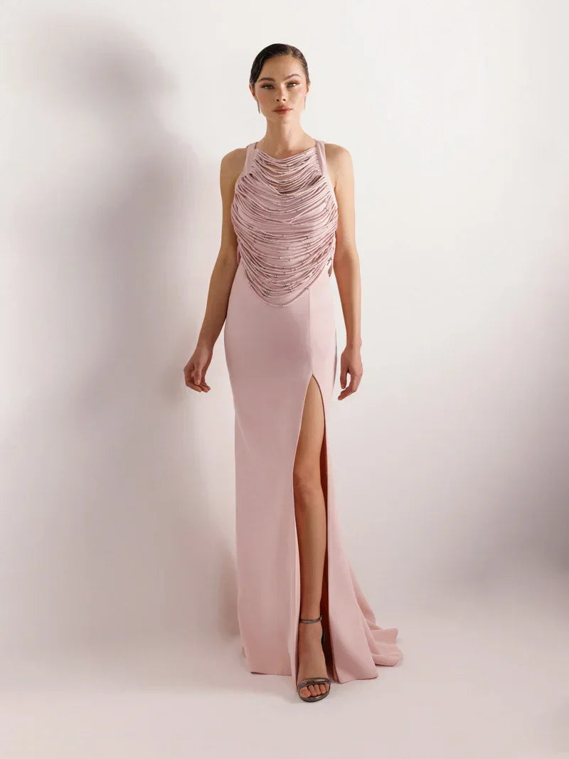 25079-Şerit ve Boncuk Detaylı Yırtmaçlı Balık Abiye Elbise - Kenzel