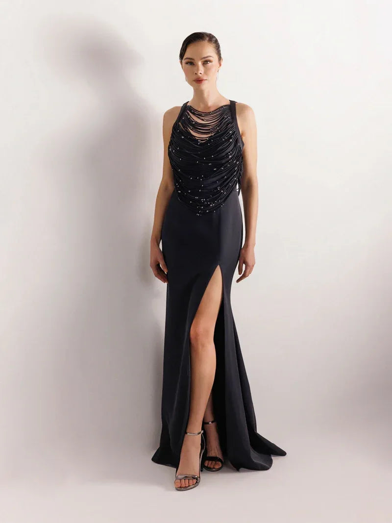 25079-Şerit ve Boncuk Detaylı Yırtmaçlı Balık Abiye Elbise - Kenzel