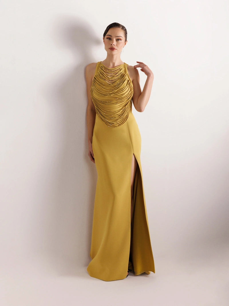 25079-Şerit ve Boncuk Detaylı Yırtmaçlı Balık Abiye Elbise