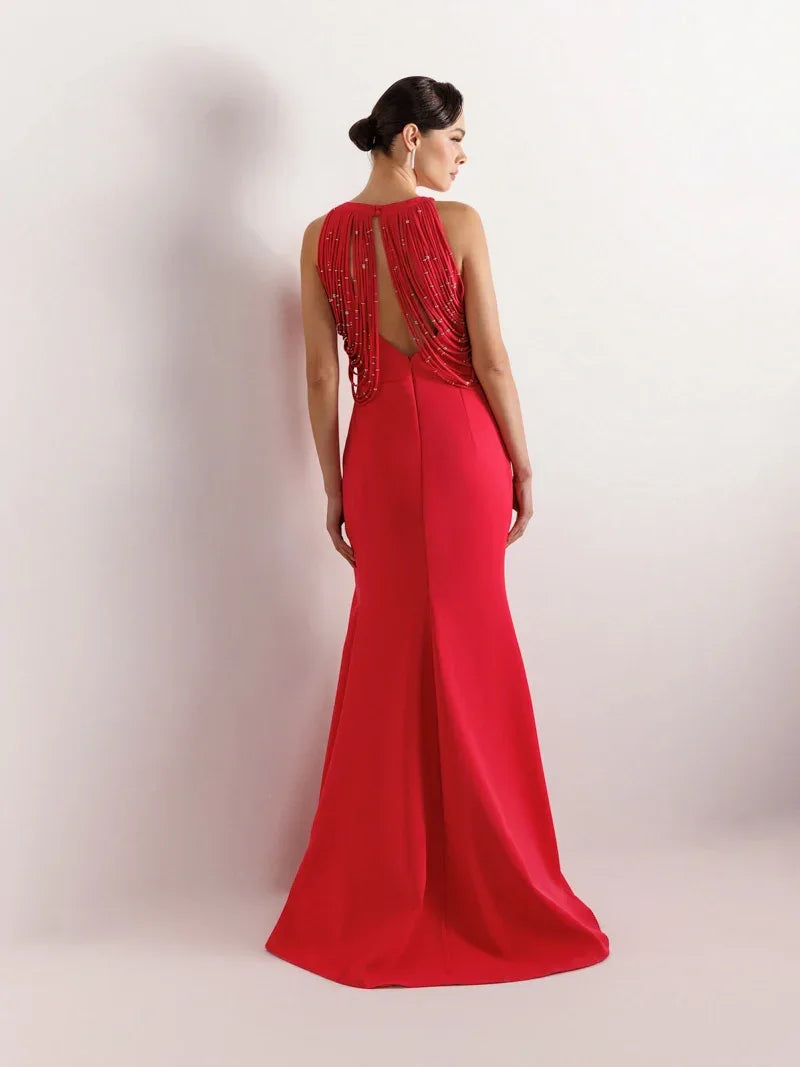 25079-Şerit ve Boncuk Detaylı Yırtmaçlı Balık Abiye Elbise - Kenzel