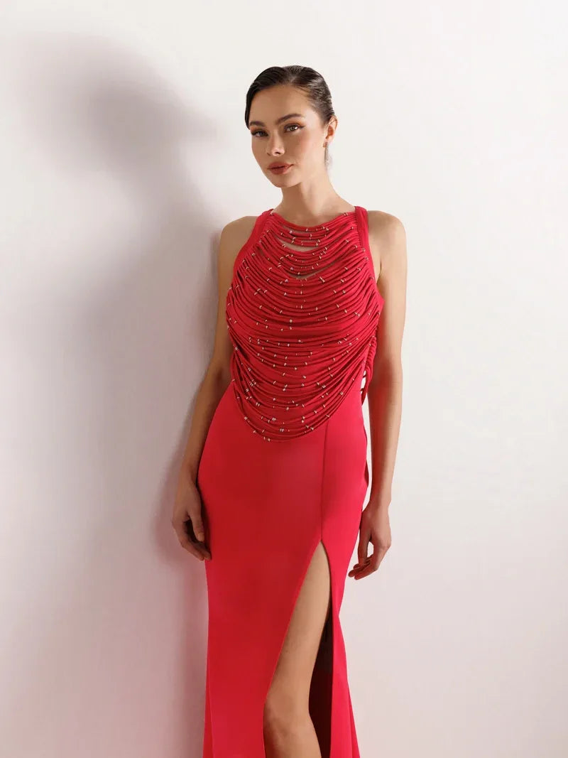 25079-Şerit ve Boncuk Detaylı Yırtmaçlı Balık Abiye Elbise - Kenzel