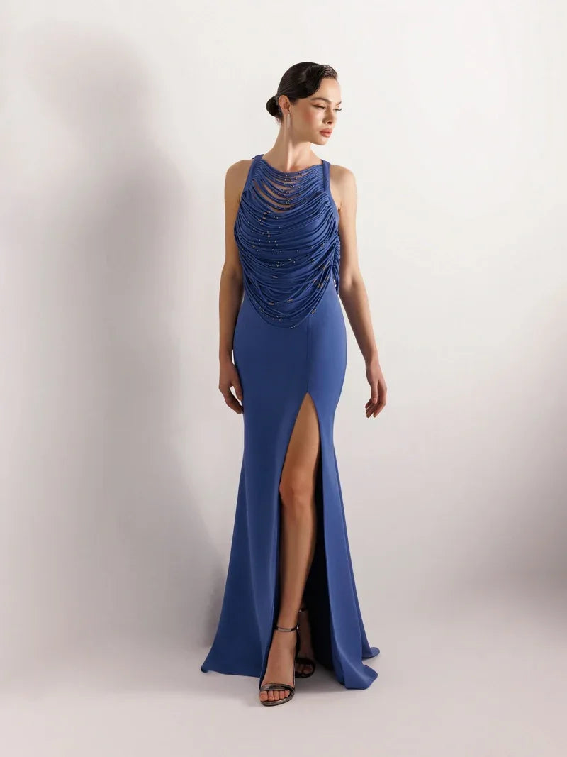 25079-Şerit ve Boncuk Detaylı Yırtmaçlı Balık Abiye Elbise - Kenzel