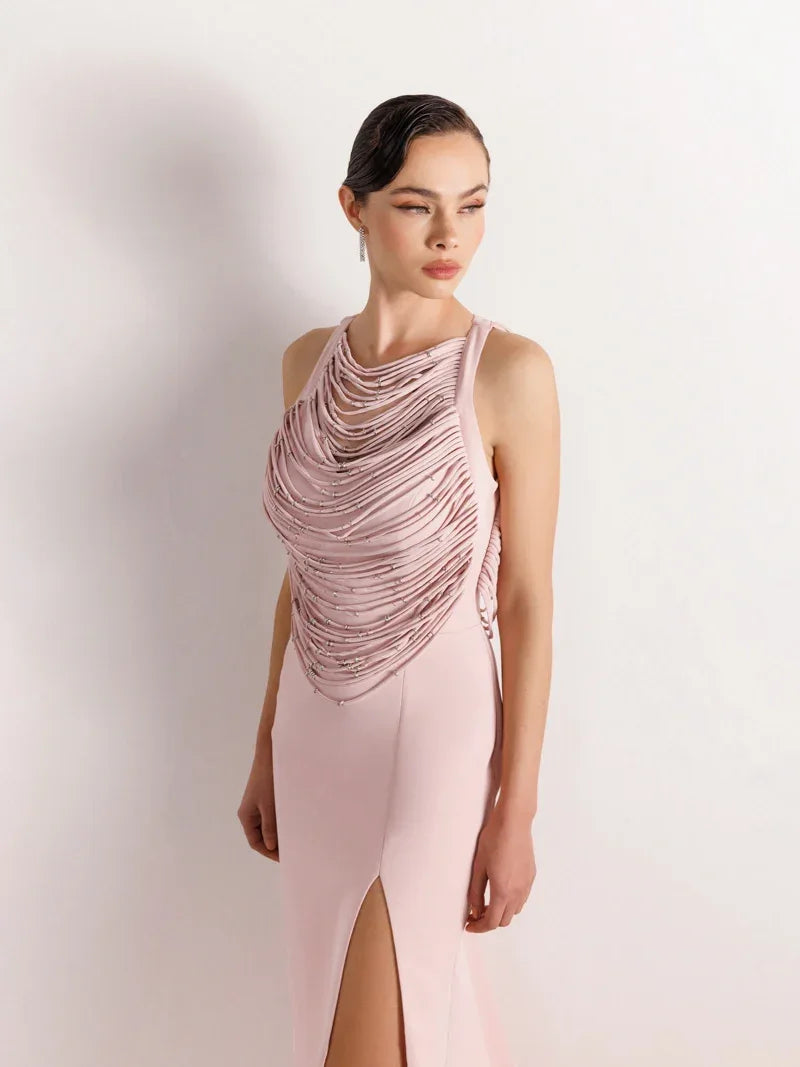 25079-Şerit ve Boncuk Detaylı Yırtmaçlı Balık Abiye Elbise - Kenzel