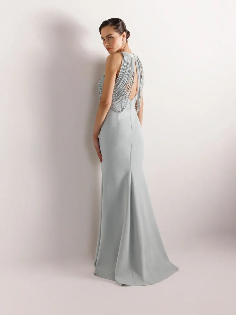 25079-Şerit ve Boncuk Detaylı Yırtmaçlı Balık Abiye Elbise - Kenzel