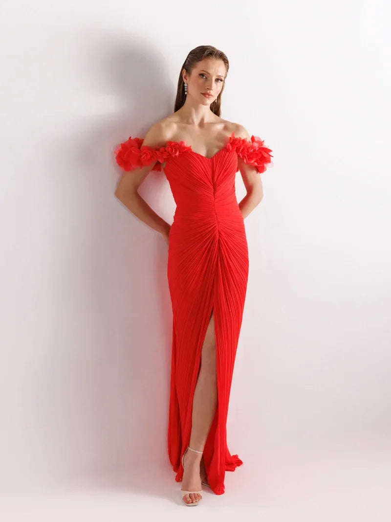 25081-Omuz Çiçek Detaylı Yırtmaçlı Elbise - Kenzel