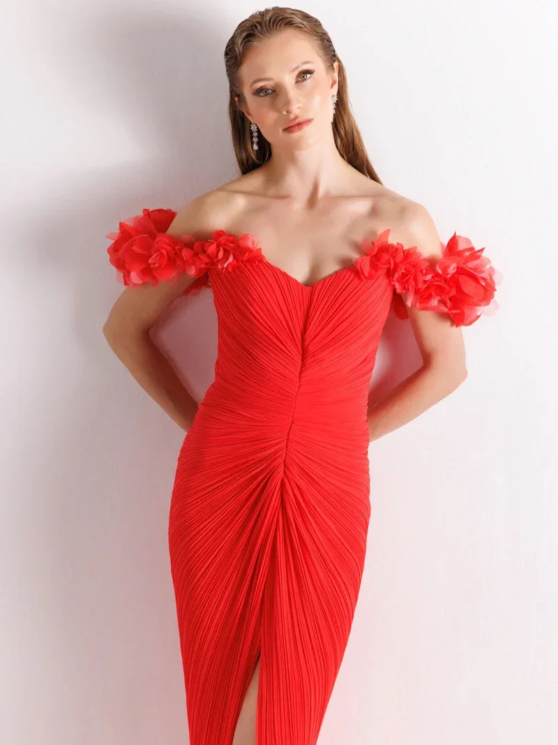 25081-Omuz Çiçek Detaylı Yırtmaçlı Elbise - Kenzel