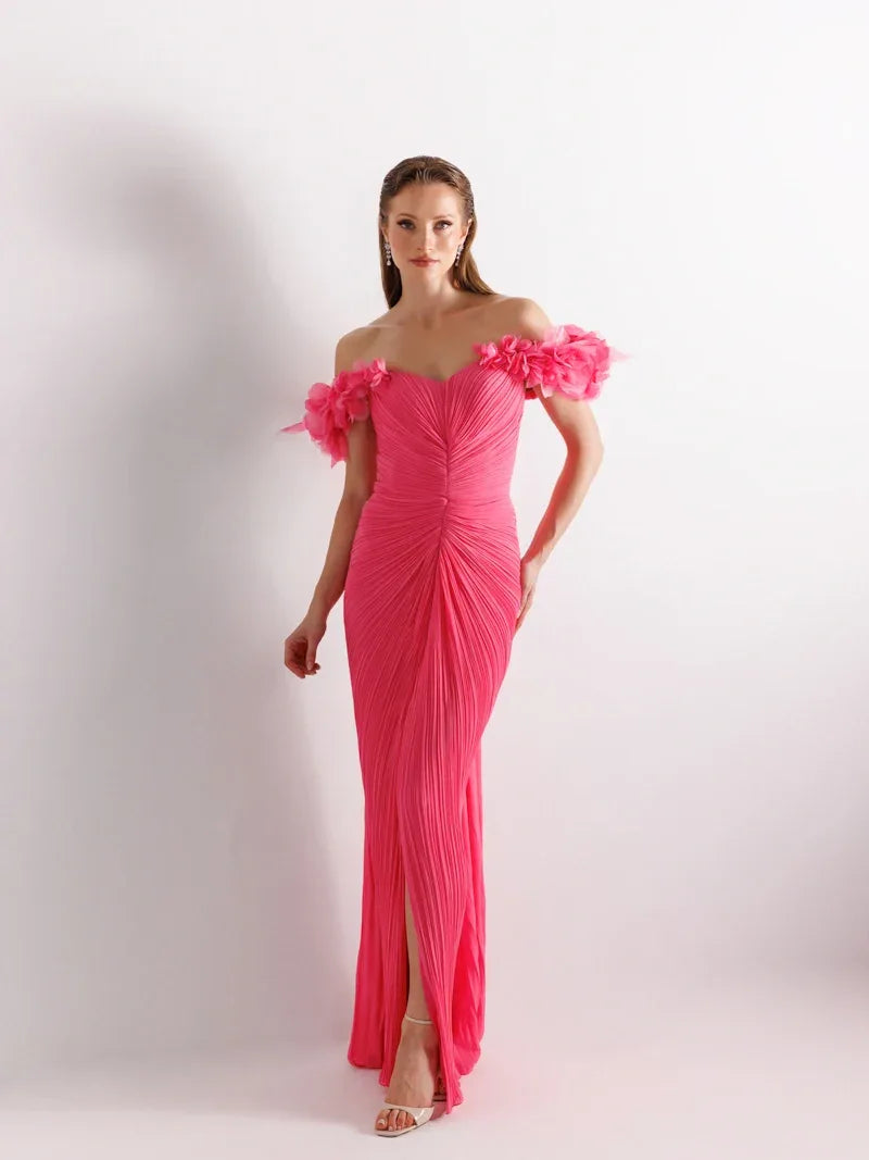 25081-Omuz Çiçek Detaylı Yırtmaçlı Elbise - Kenzel