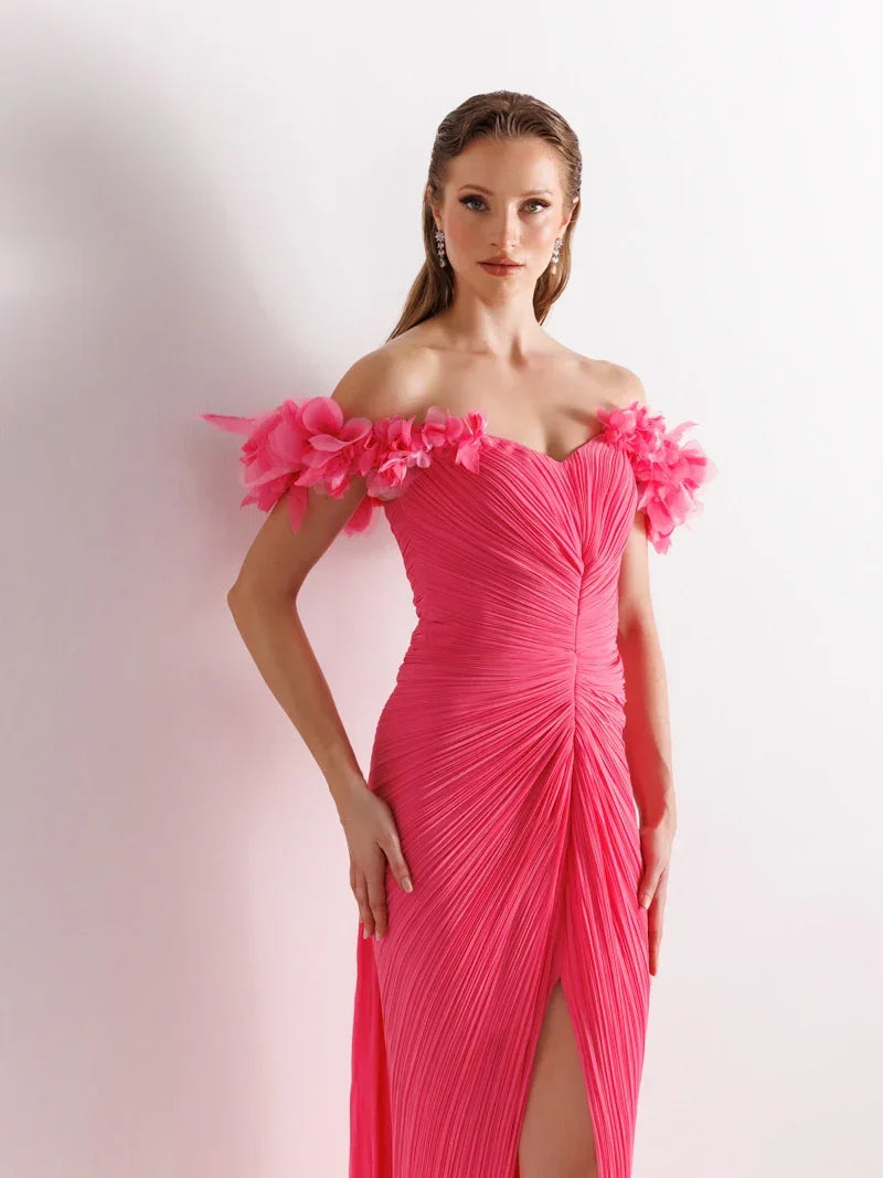 25081-Omuz Çiçek Detaylı Yırtmaçlı Elbise - Kenzel