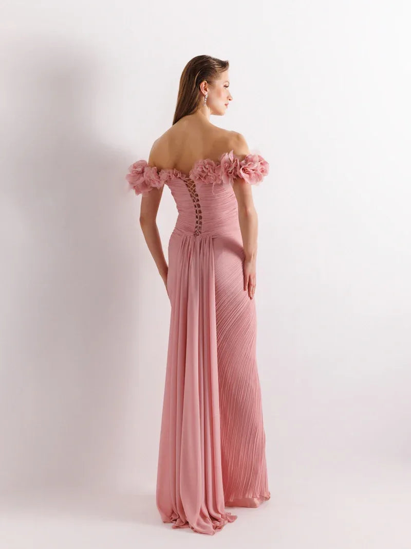 25081-Omuz Çiçek Detaylı Yırtmaçlı Elbise - Kenzel