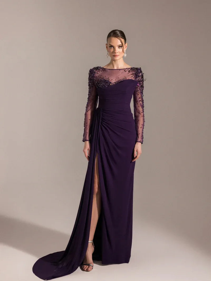 25082-Kolları İşlemeli Yanı Kuyruklu Abiye Elbise - Kenzel