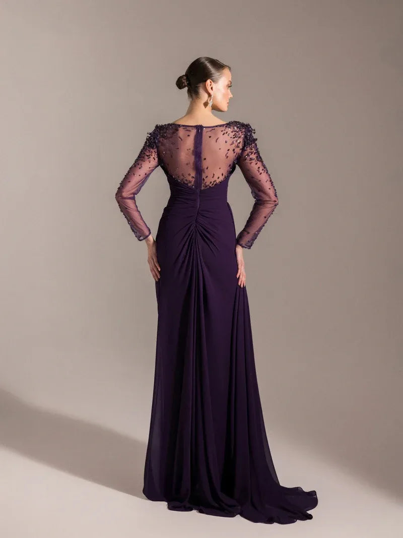 25082-Kolları İşlemeli Yanı Kuyruklu Abiye Elbise - Kenzel