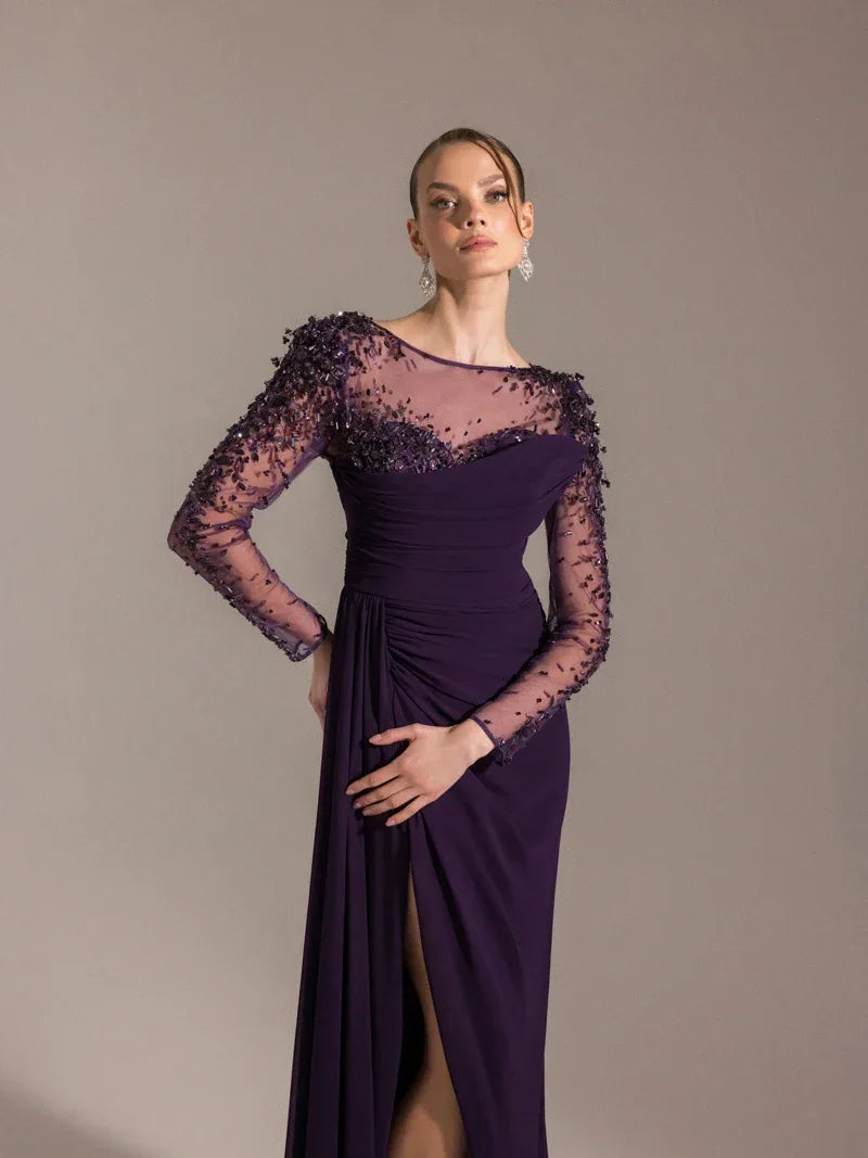 25082-Kolları İşlemeli Yanı Kuyruklu Abiye Elbise - Kenzel