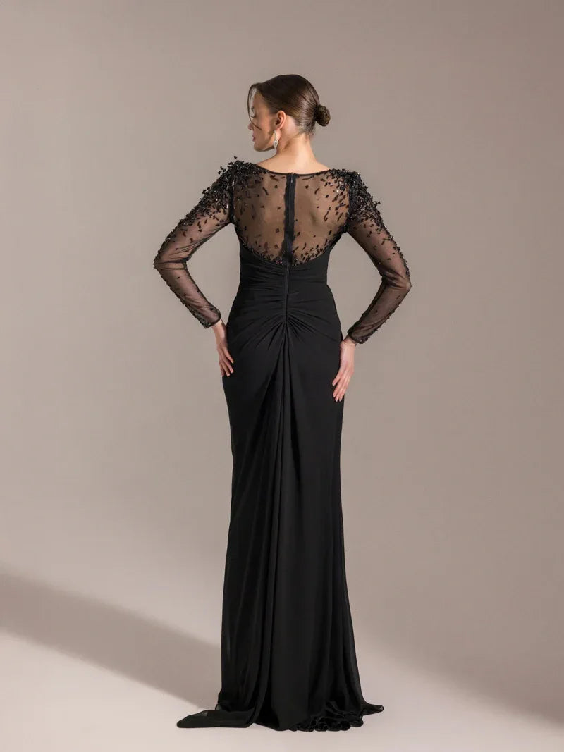 25082-Kolları İşlemeli Yanı Kuyruklu Abiye Elbise - Kenzel