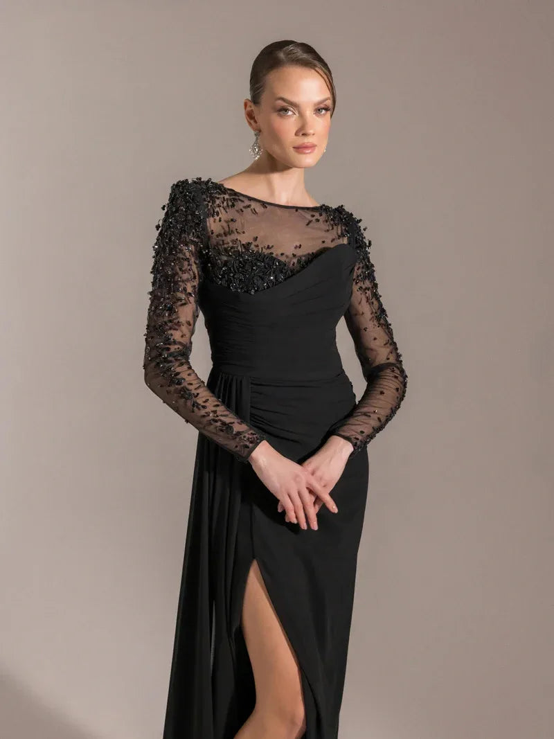 25082-Kolları İşlemeli Yanı Kuyruklu Abiye Elbise - Kenzel