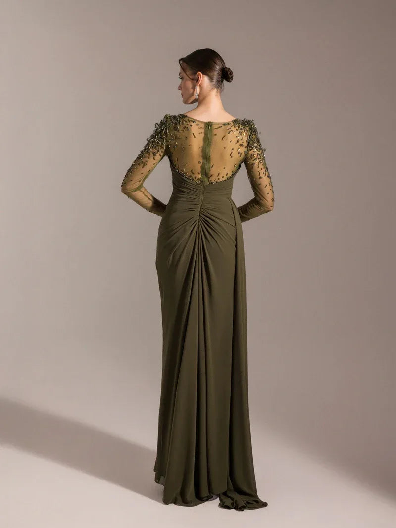 25082-Kolları İşlemeli Yanı Kuyruklu Abiye Elbise - Kenzel