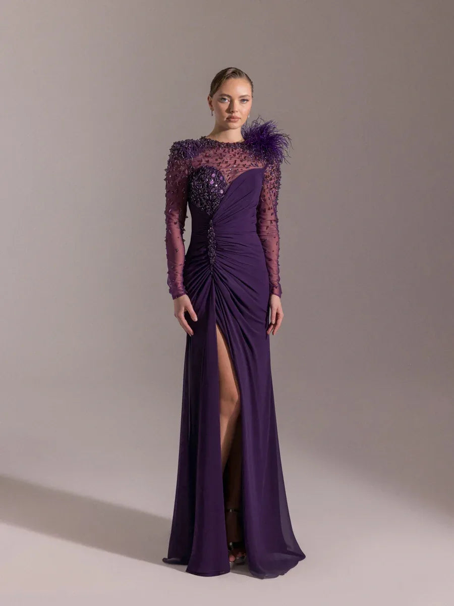 25083-Kolları İşlemeli kırmalı Asimetrik Otrişli Elbise - Kenzel