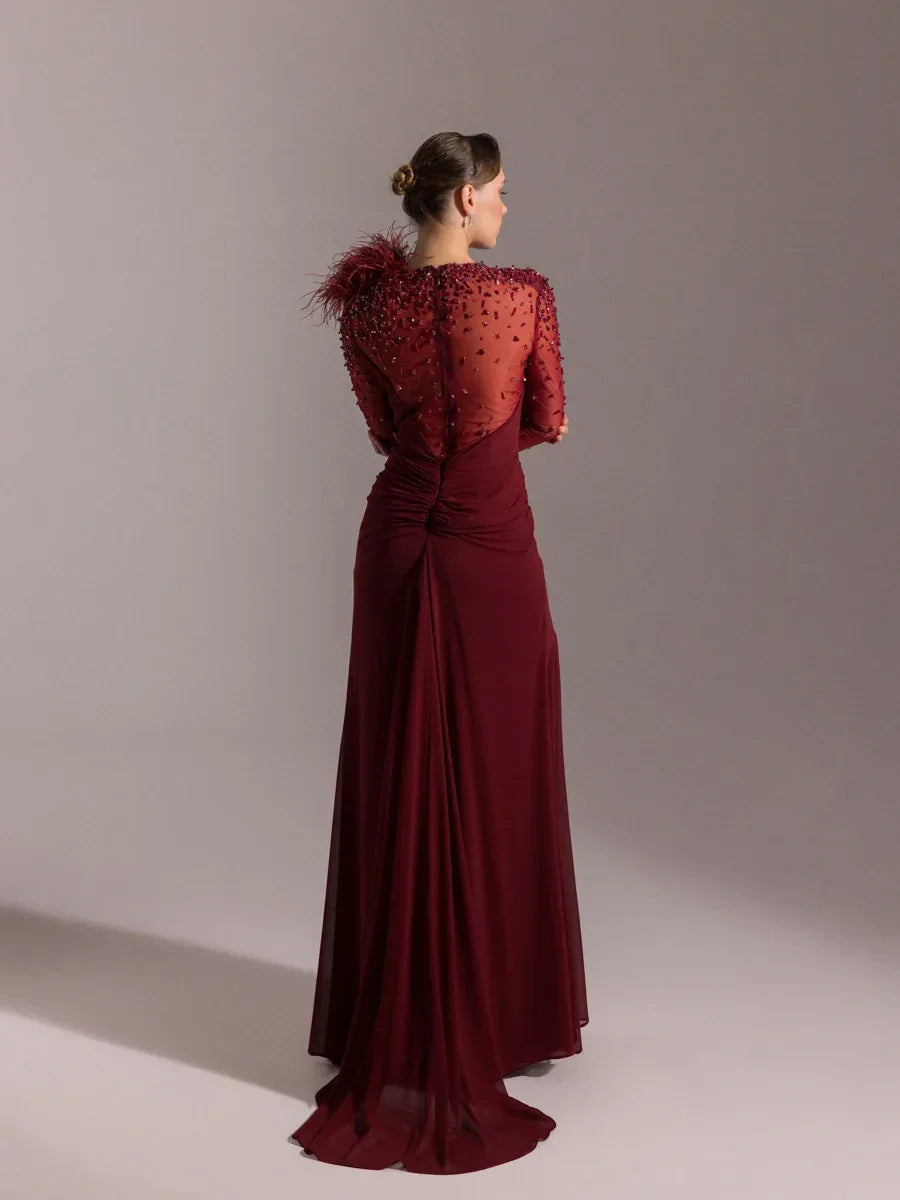 25083-Kolları İşlemeli kırmalı Asimetrik Otrişli Elbise - Kenzel