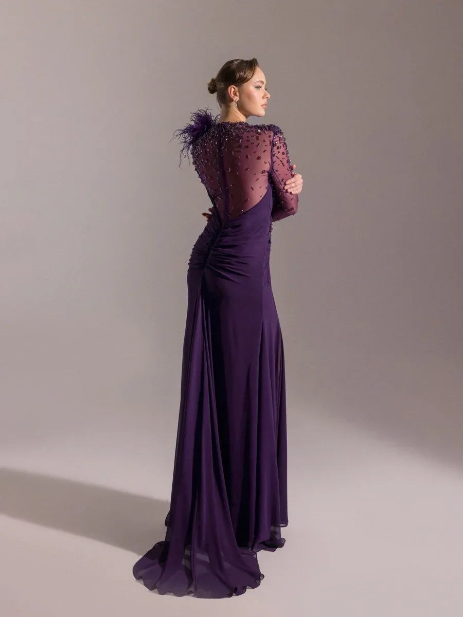 25083-Kolları İşlemeli kırmalı Asimetrik Otrişli Elbise - Kenzel