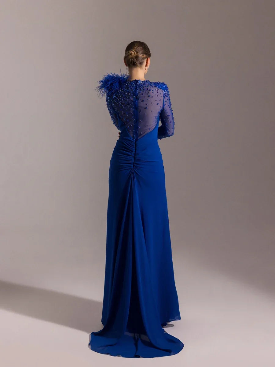 25083-Kolları İşlemeli kırmalı Asimetrik Otrişli Elbise - Kenzel