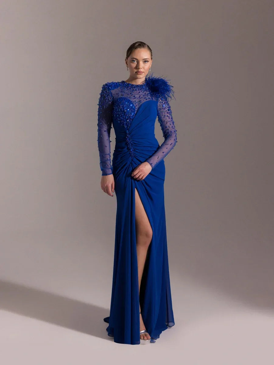 25083-Kolları İşlemeli kırmalı Asimetrik Otrişli Elbise - Kenzel