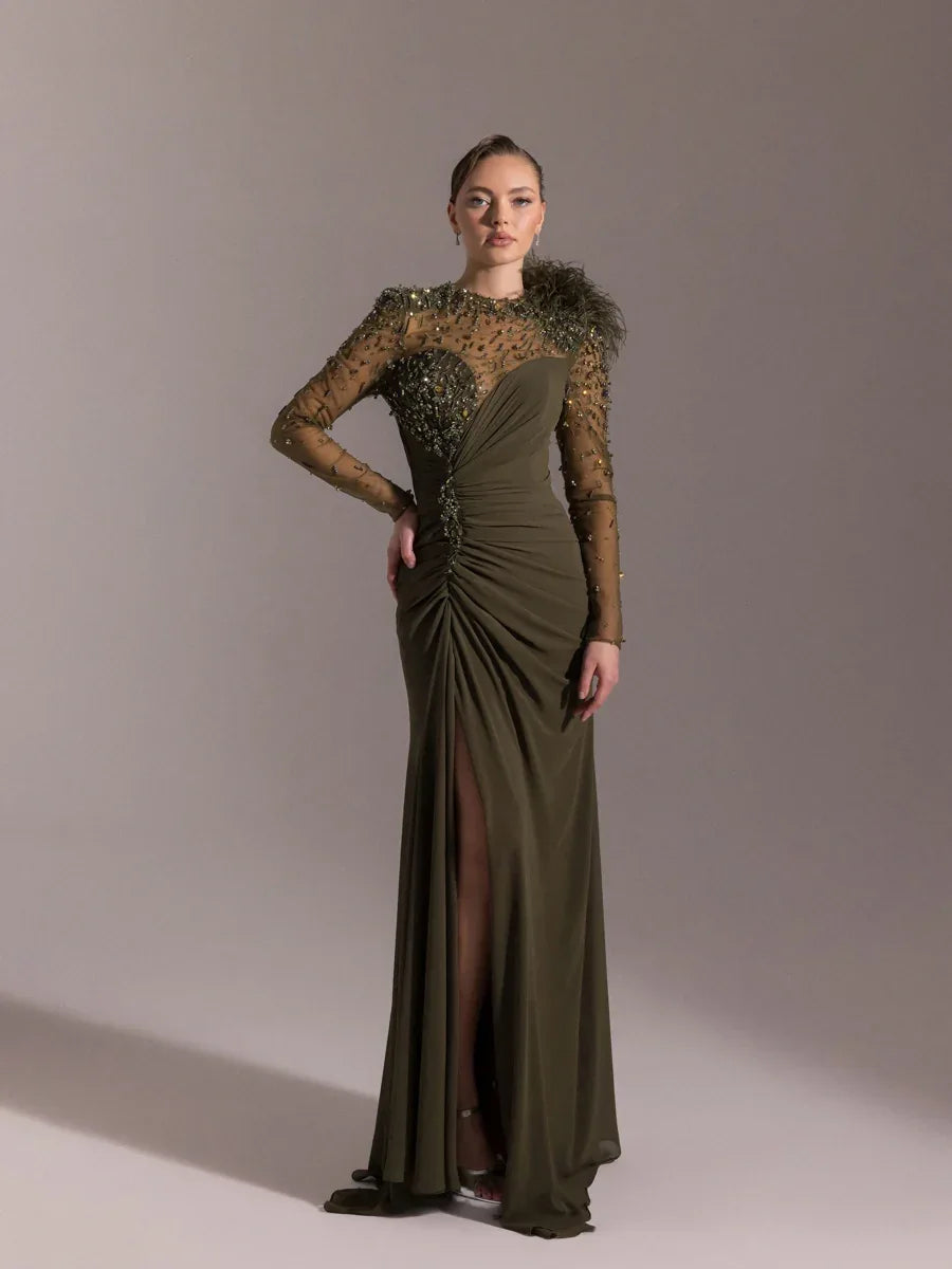 25083-Kolları İşlemeli kırmalı Asimetrik Otrişli Elbise - Kenzel