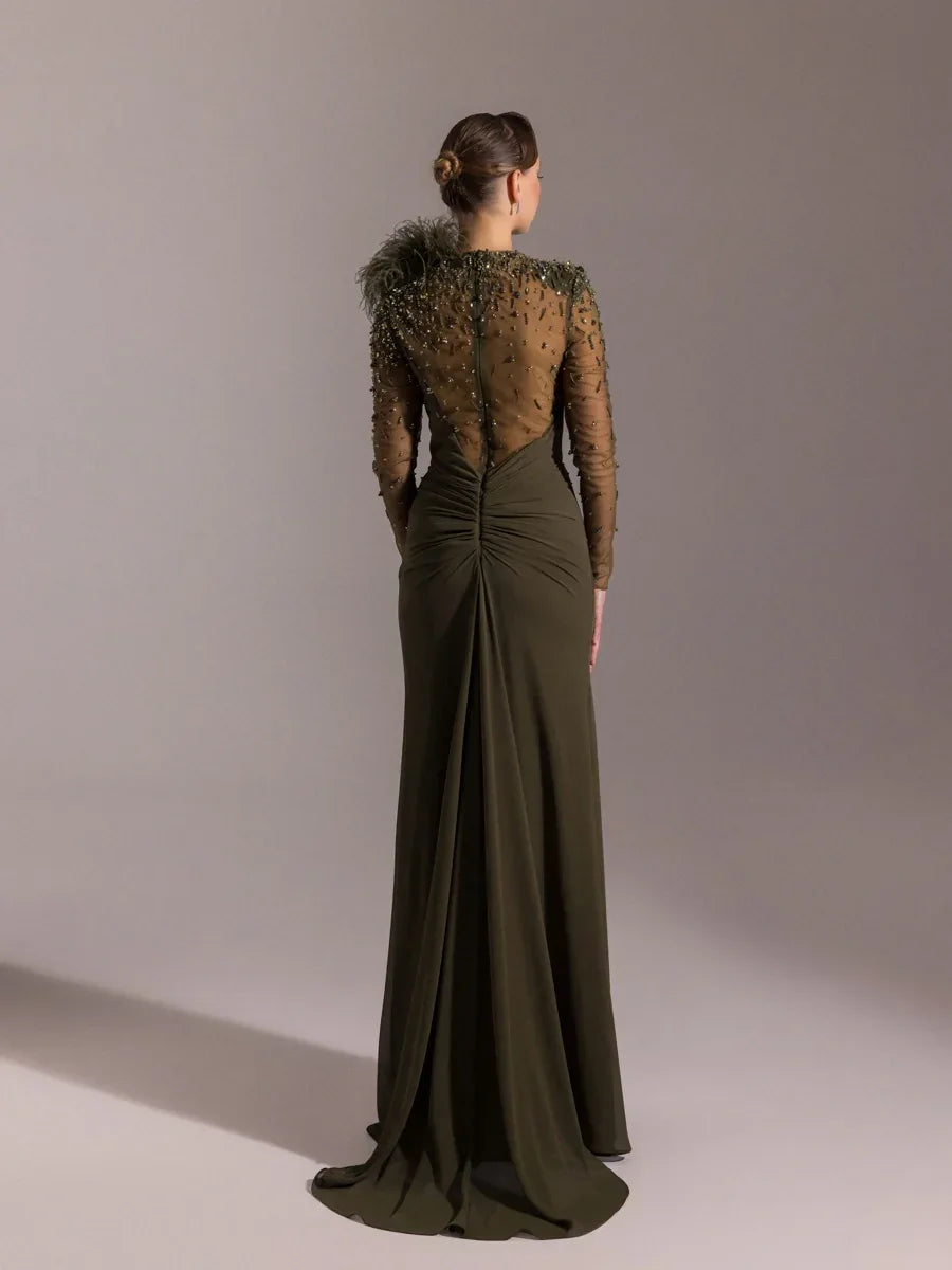 25083-Kolları İşlemeli kırmalı Asimetrik Otrişli Elbise - Kenzel