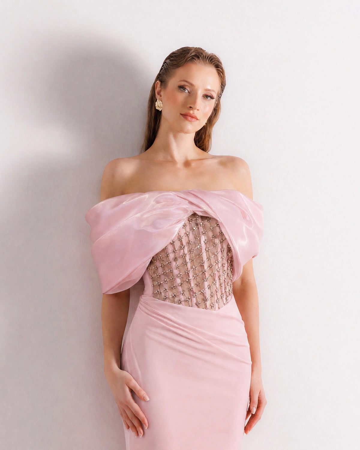 25088-Stone Embellished Transparent Corset Boat Neck Long Evening Dress