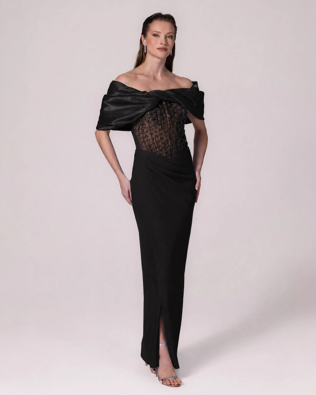 25088-Stone Embellished Transparent Corset Boat Neck Long Evening Dress