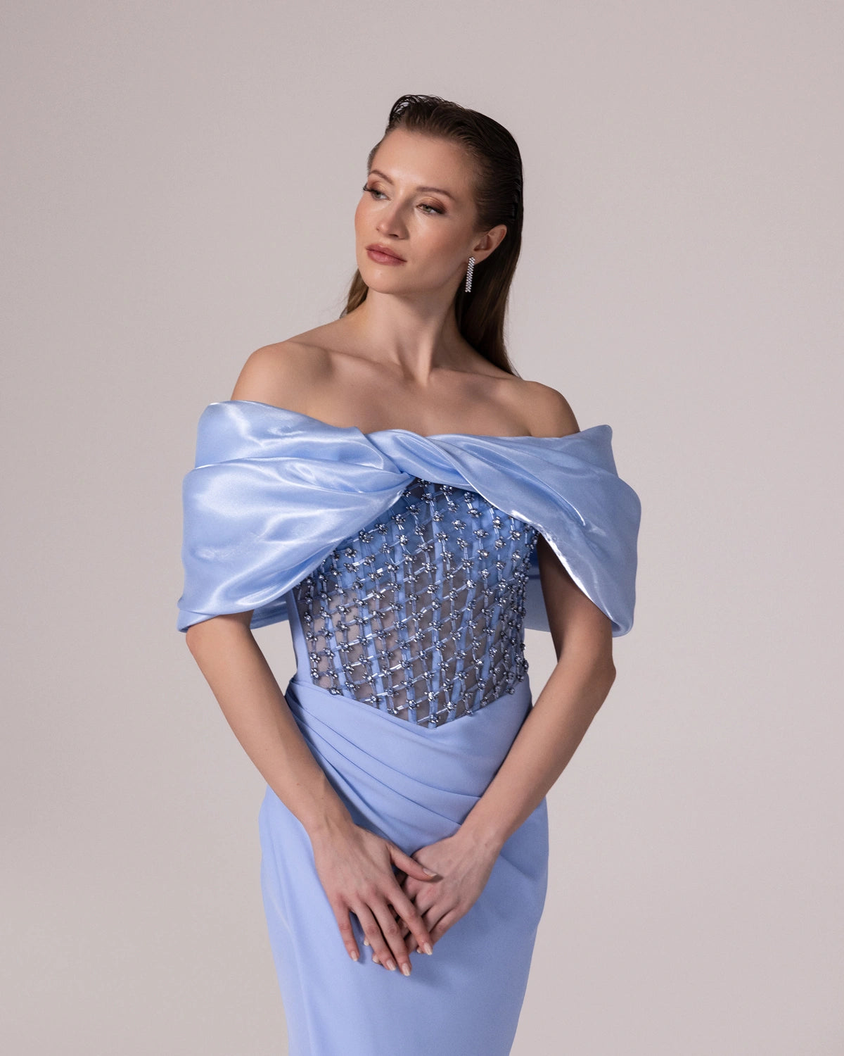 25088-Stone Embellished Transparent Corset Boat Neck Long Evening Dress