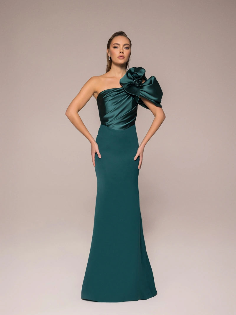 Omuz Çiçekli Balık Elbise Yeşil Ön